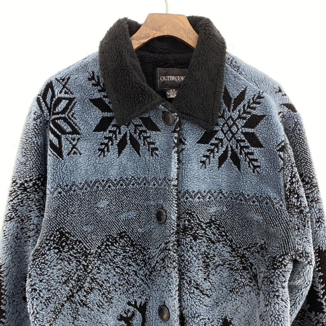 Vintage Winter Snowflakes Pattern Blue Fleece Button Up Jacket Size M