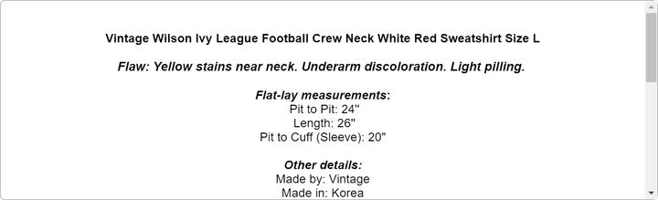 Vintage Wilson Ivy League Football Crew Neck White Red Sweatshirt Size L