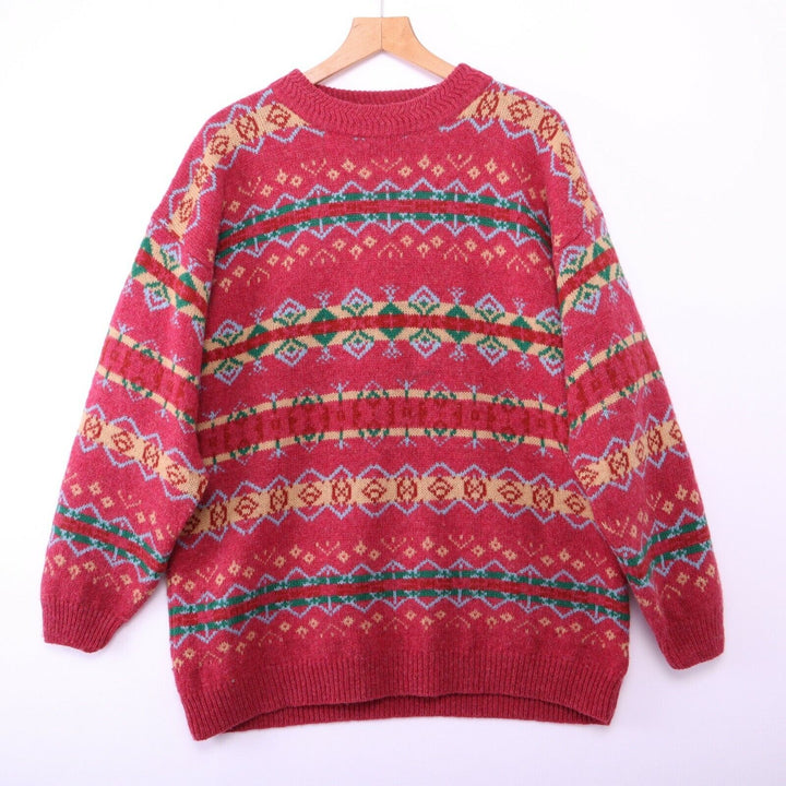 Vintage Wool Knit Sweater Pullover Red Crewneck Size L 90s