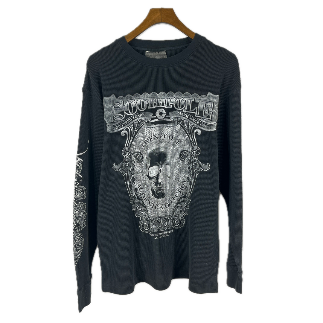 Y2k Southpole Men's Black Thermal Graphic Print T-shirt Grunge Skull Black Sz L