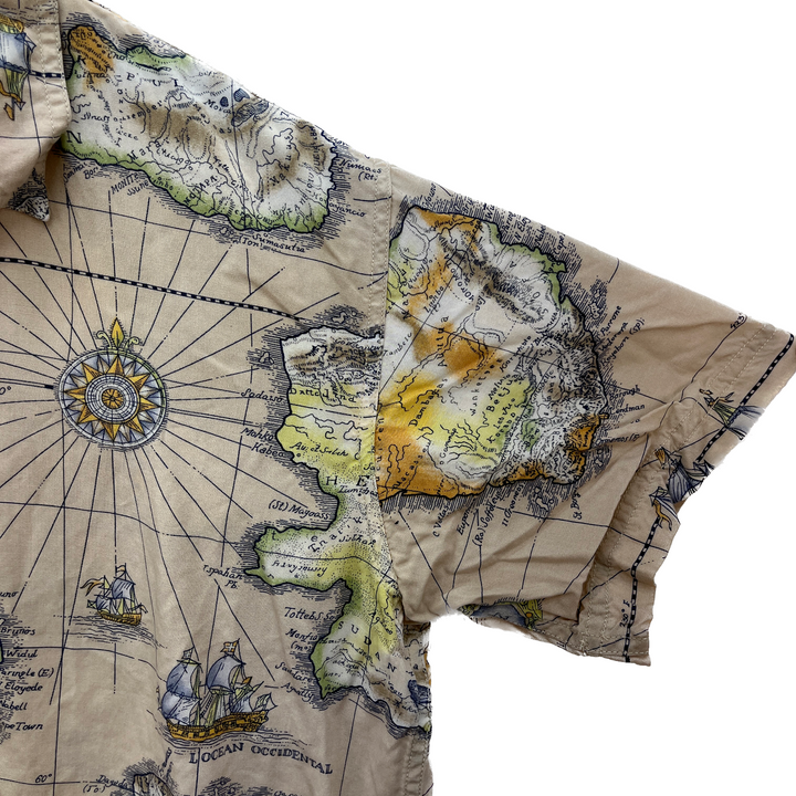 Vintage Button Up Map All Over Print Beige Shirt Size S