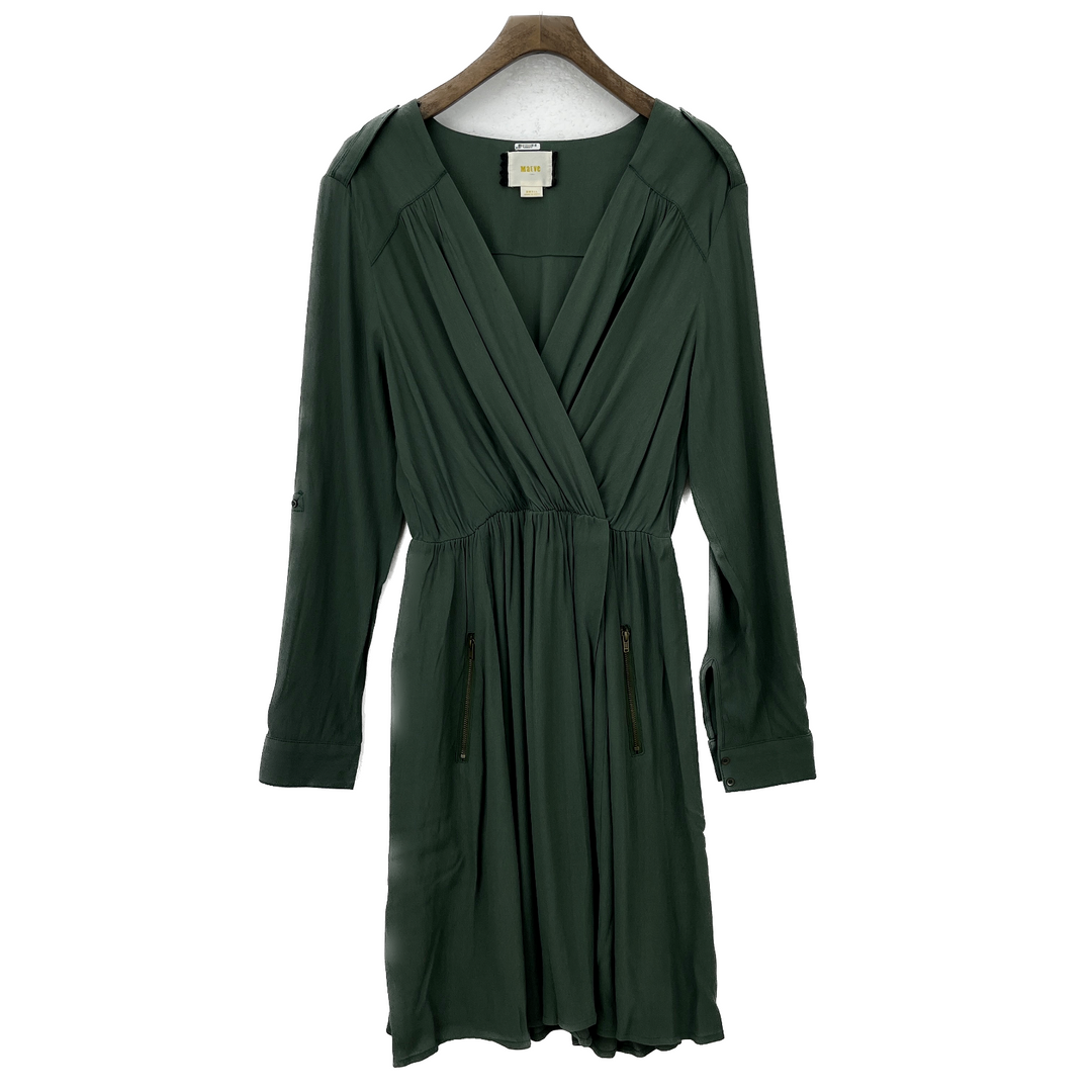 ANTHROPOLOGIE MAEVE Sage Green Surplice Dress Size S Long Sleeve