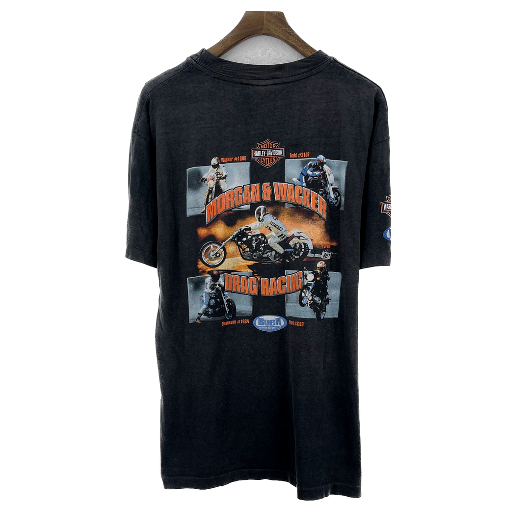 Vintage Harley Davidson Morgan & Wacker Drag Racing Graphic T-shirt Black Size M