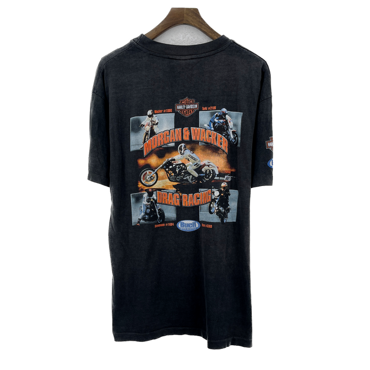 Vintage Harley Davidson Morgan & Wacker Drag Racing Graphic T-shirt Black Size M