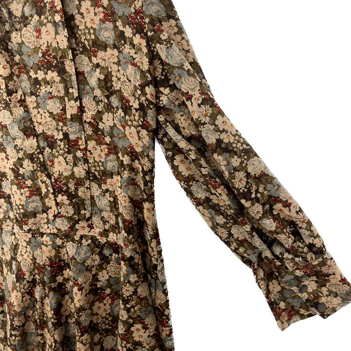 Women's Floral Print Linen Neck Tie Vintage Dress Size L Brown Full Sleeve 70s