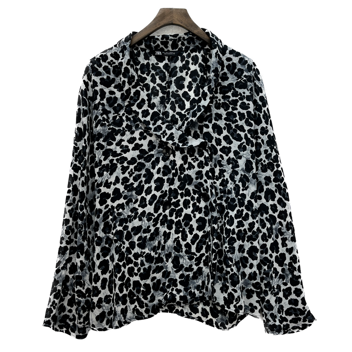 Zara Animal Print Black Button Closure Blouse Top Size L