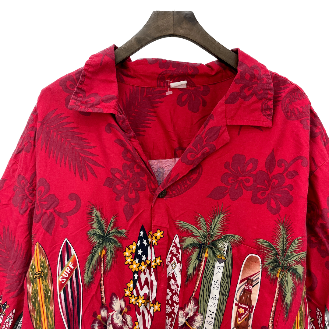 Vintage Palm Wave Hawaiian Honolulu Aloha Floral Surf Print Red Shirt Size L