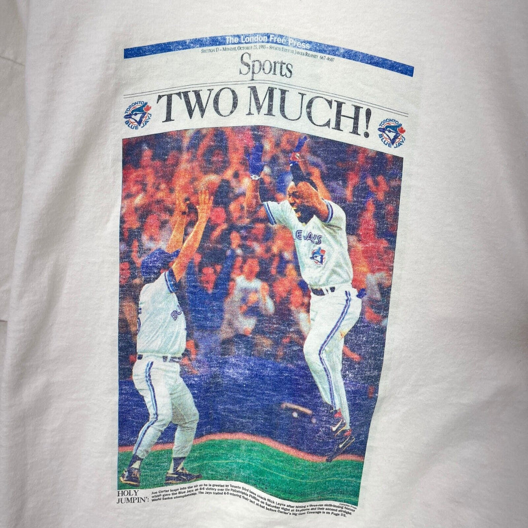 Vintage Toronto Blue Jays MLB Two Much Baseball White T-shirt Size XL