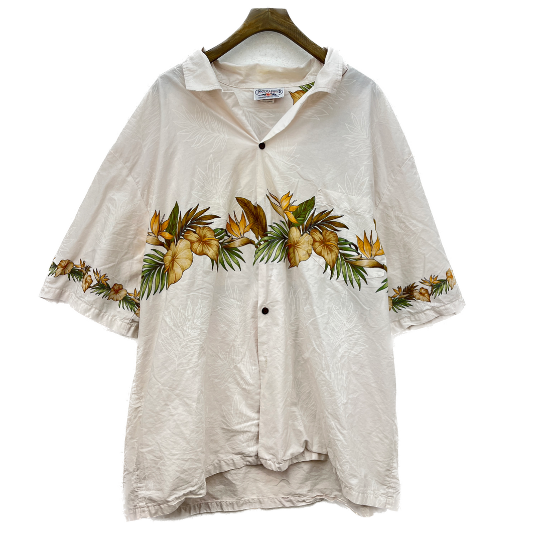 Vintage Button Up Hawaiian Floral Print Beige Shirt Size 3XL Single Pocket