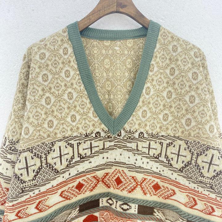 Vintage Tribal Multicolor Brown Knit Sweater Size L V-Neck