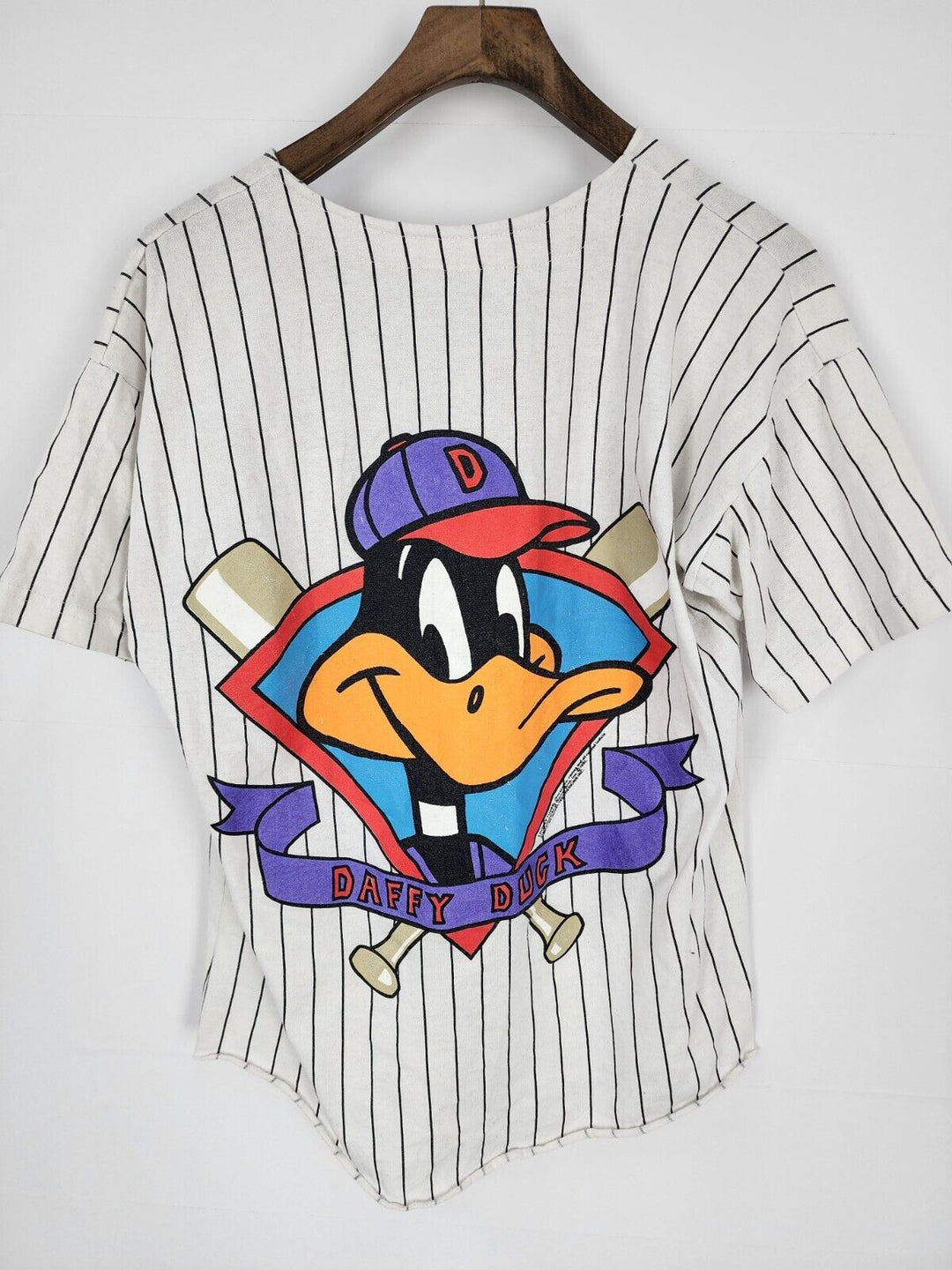 Vintage 1992 Daffy Duck Pin Stripe Looney Tunes Baseball Jersey L Kids