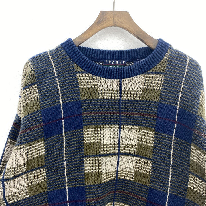 Vintage Knit Crewneck Plaid Blue Pullover Sweater Size L