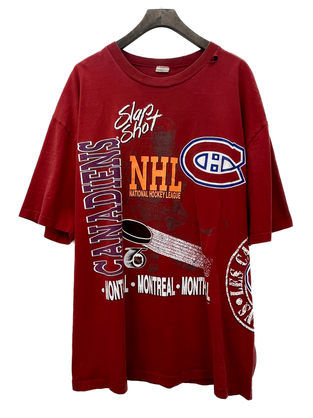 1991 Montreal Canadiens Wrap Around Print Vintage Hockey T-shirt Size XL Red NHL