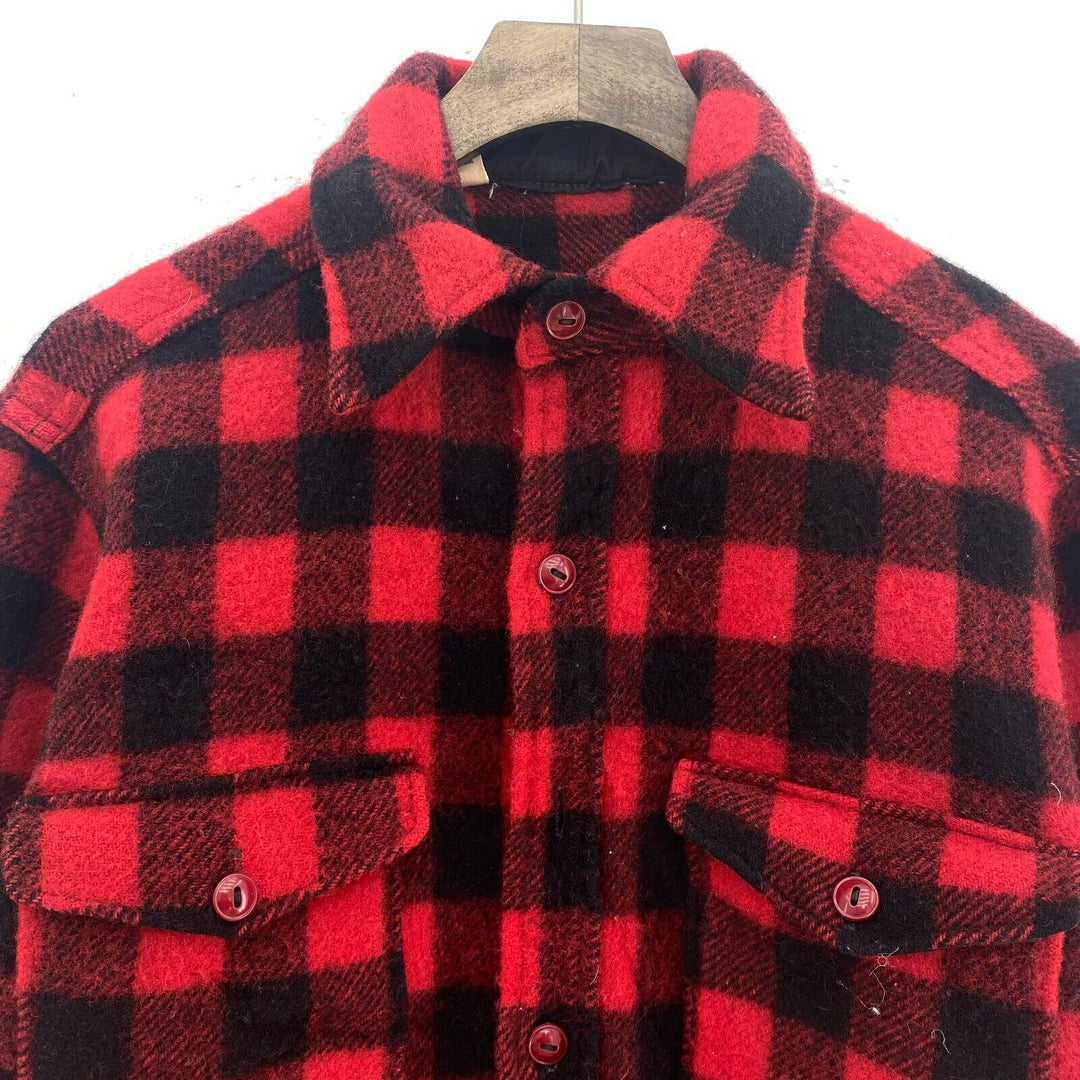 Vintage Wool Red Checked Button Up Shirt Double Pocket Size 16