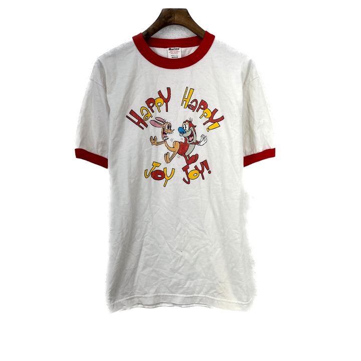 Vintage The Ren & Stempy Show Happy Happy Joy Joy Song White Ringer T-Shirt Sz M