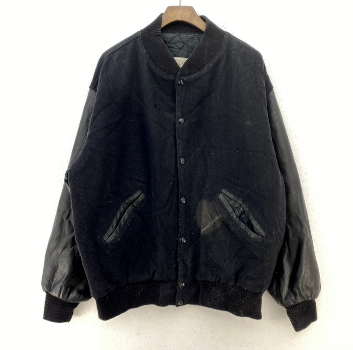 Vintage Wolf Print Black Snapped Bomber Jacket Size L