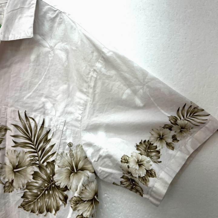 Vintage Hawaiian Aloha Floral Pattern Button Up Shirt Beige Size XL
