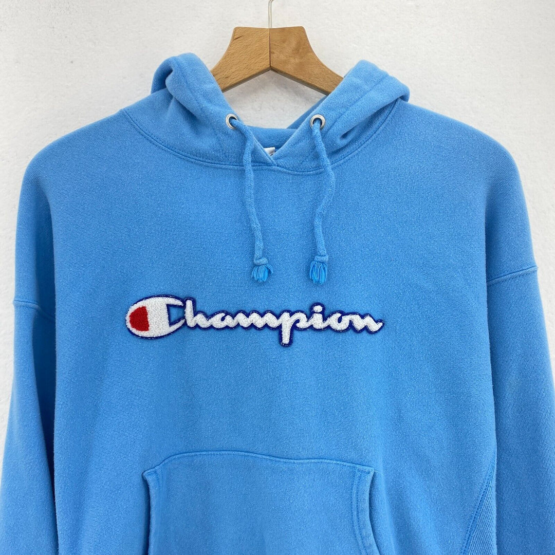 Vintage Champion Reverse Weave Spellout Blue Pullover Hoodie Size L 90s