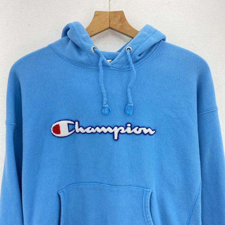Vintage Champion Reverse Weave Spellout Blue Pullover Hoodie Size L 90s