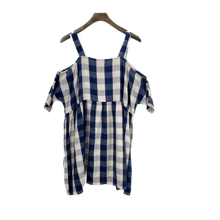 TOPSHOP Checkered Off Shoulder Tiered Cotton Blue Dress Size 2