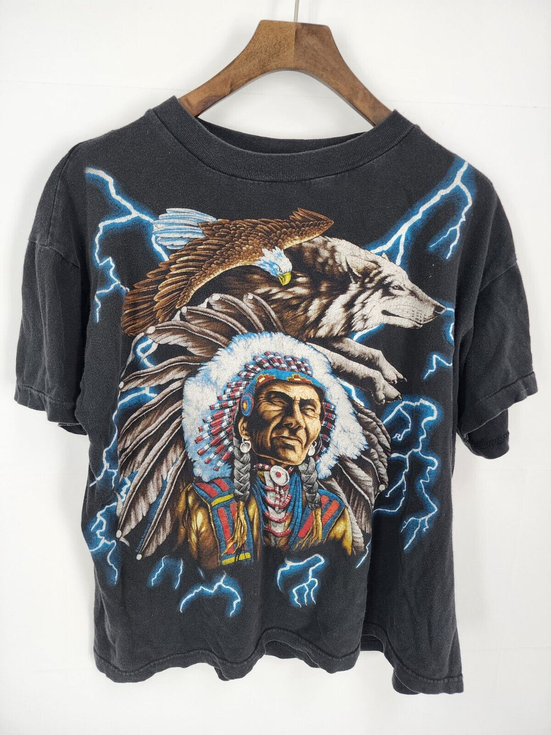 Vtg 90s Deadstock American Thunder T Shirt Native Wolf Eagle Chief Single Stitch