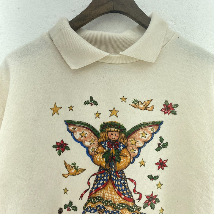 Angel Christmas Vintage White Sweatshirt Size M Collared Pullover Women's