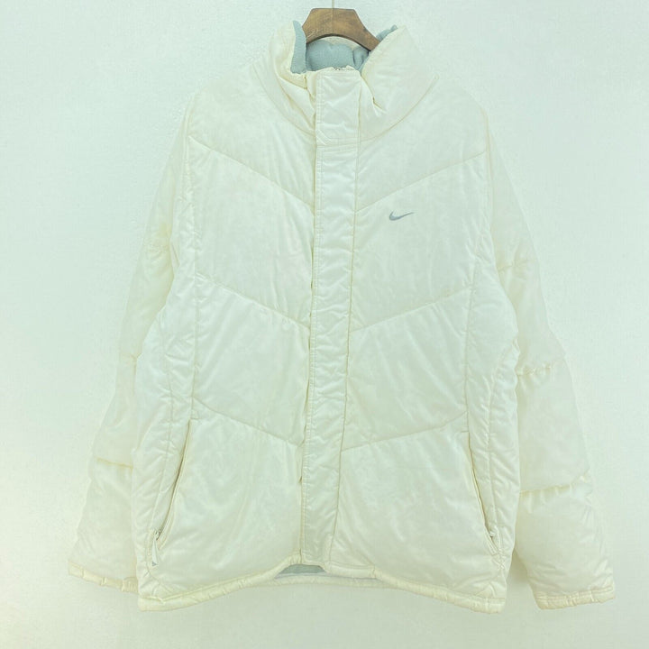 Nike Embroidered Logo Down Fill White Full Zip Puffer Jacket Size L Womens
