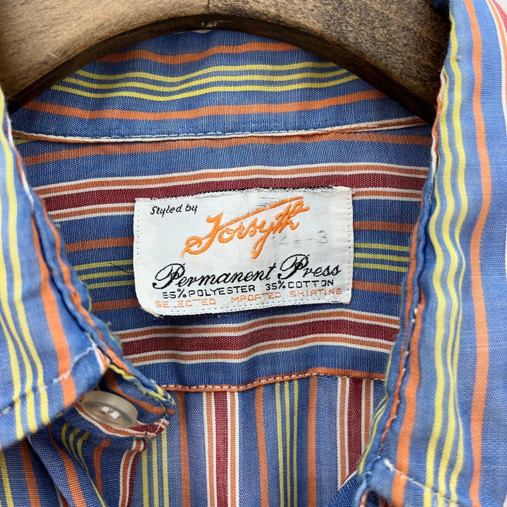 Vintage Striped Button Up Single Pocket Blue Orange Shirt Size S Lightweight