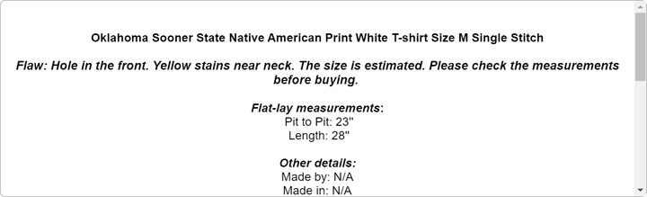 Oklahoma Sooner State Native American Print White T-shirt Size M Single Stitch