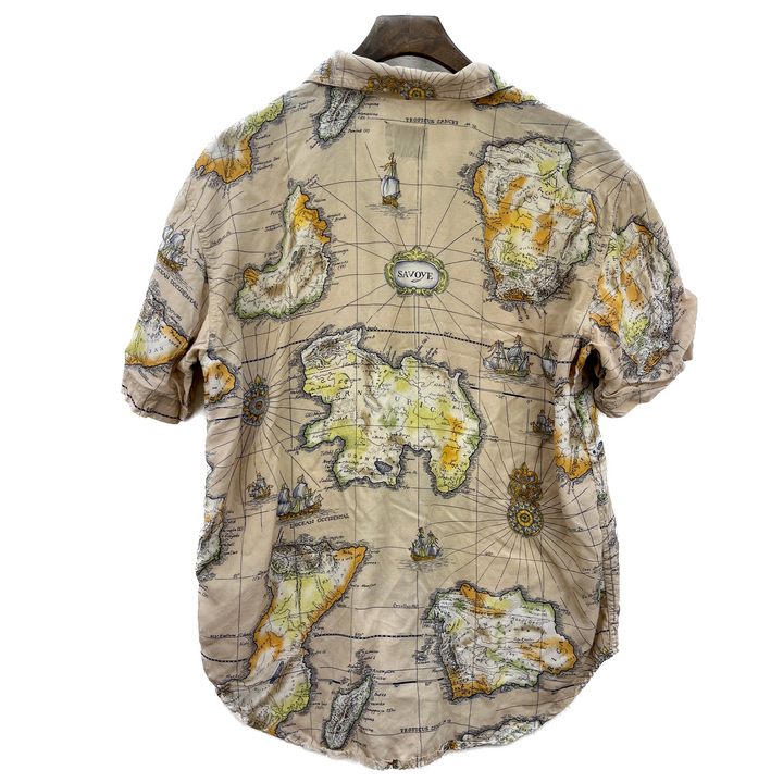 Vintage Button Up Map All Over Print Beige Shirt Size S