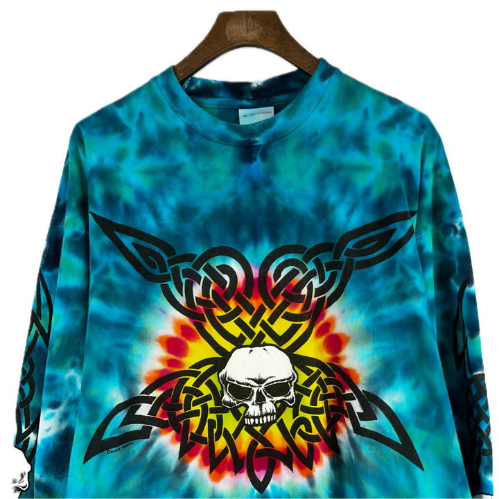 Vintage 90s Skull Skater Tie Dye Blue Long sleeve T-shirt Size XL