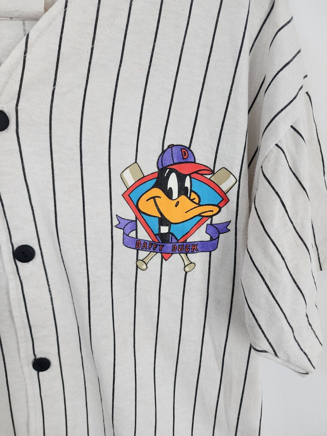 Vintage 1992 Daffy Duck Pin Stripe Looney Tunes Baseball Jersey L Kids