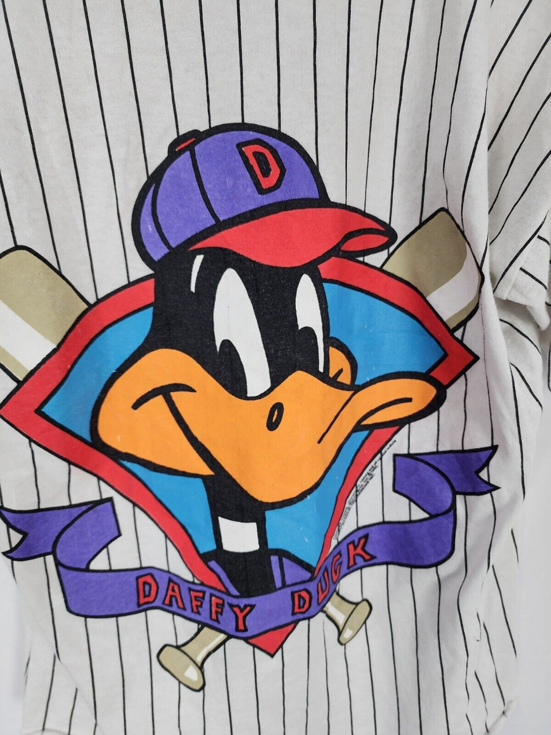 Vintage 1992 Daffy Duck Pin Stripe Looney Tunes Baseball Jersey L Kids