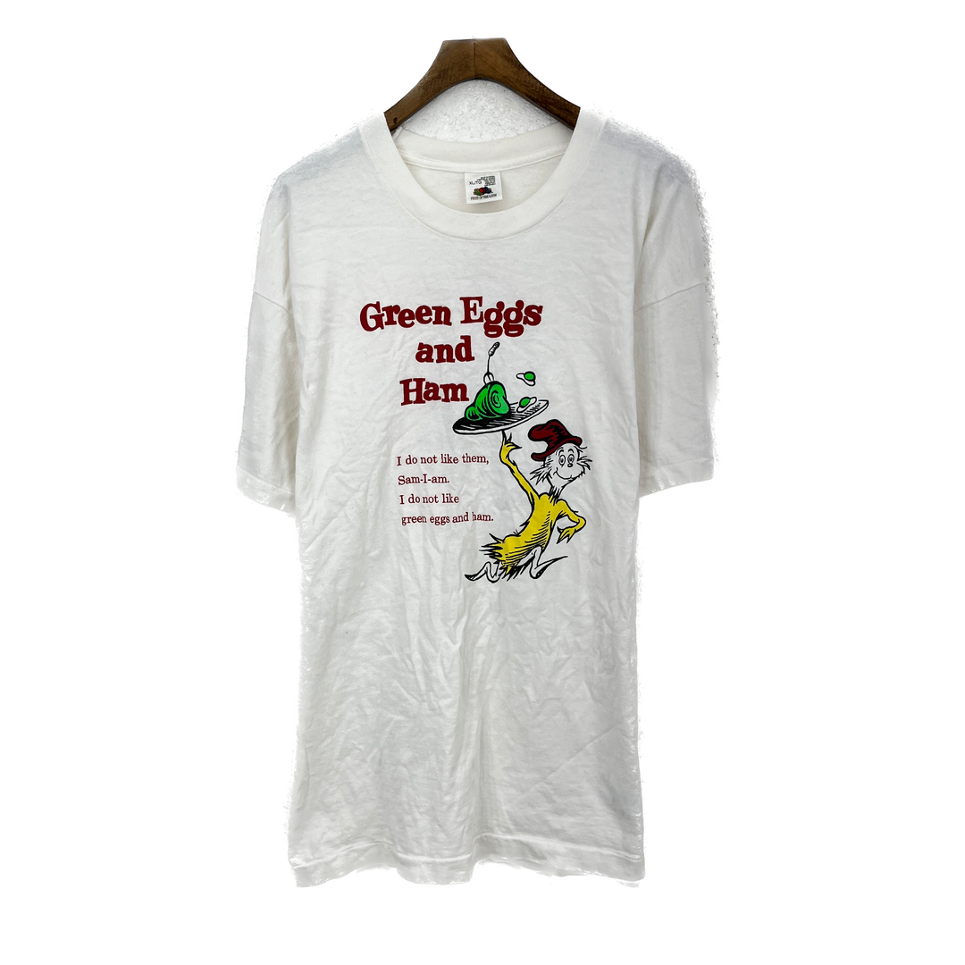 Vintage Green Eggs And Ham Graphic Print White T-shirt Size XL