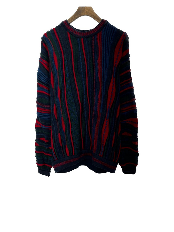 Vintage Coogi Style 3D Knit Navy Blue Crew Neck Wool Sweater Size M