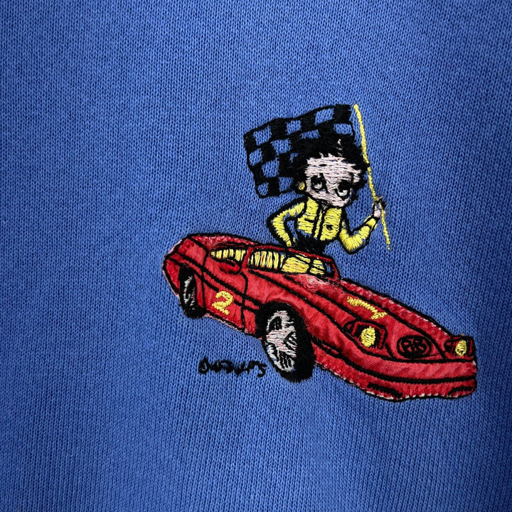 Vintage Betty Boop Racing Car Embroidery Raglan Sleeve Blue Sweatshirt Size L