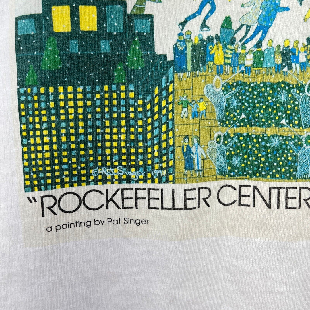 Vintage Pat Singer Rockefeller Center Ice Skating Art Painting White T-Shirt XL