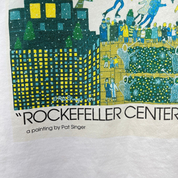Vintage Pat Singer Rockefeller Center Ice Skating Art Painting White T-Shirt XL