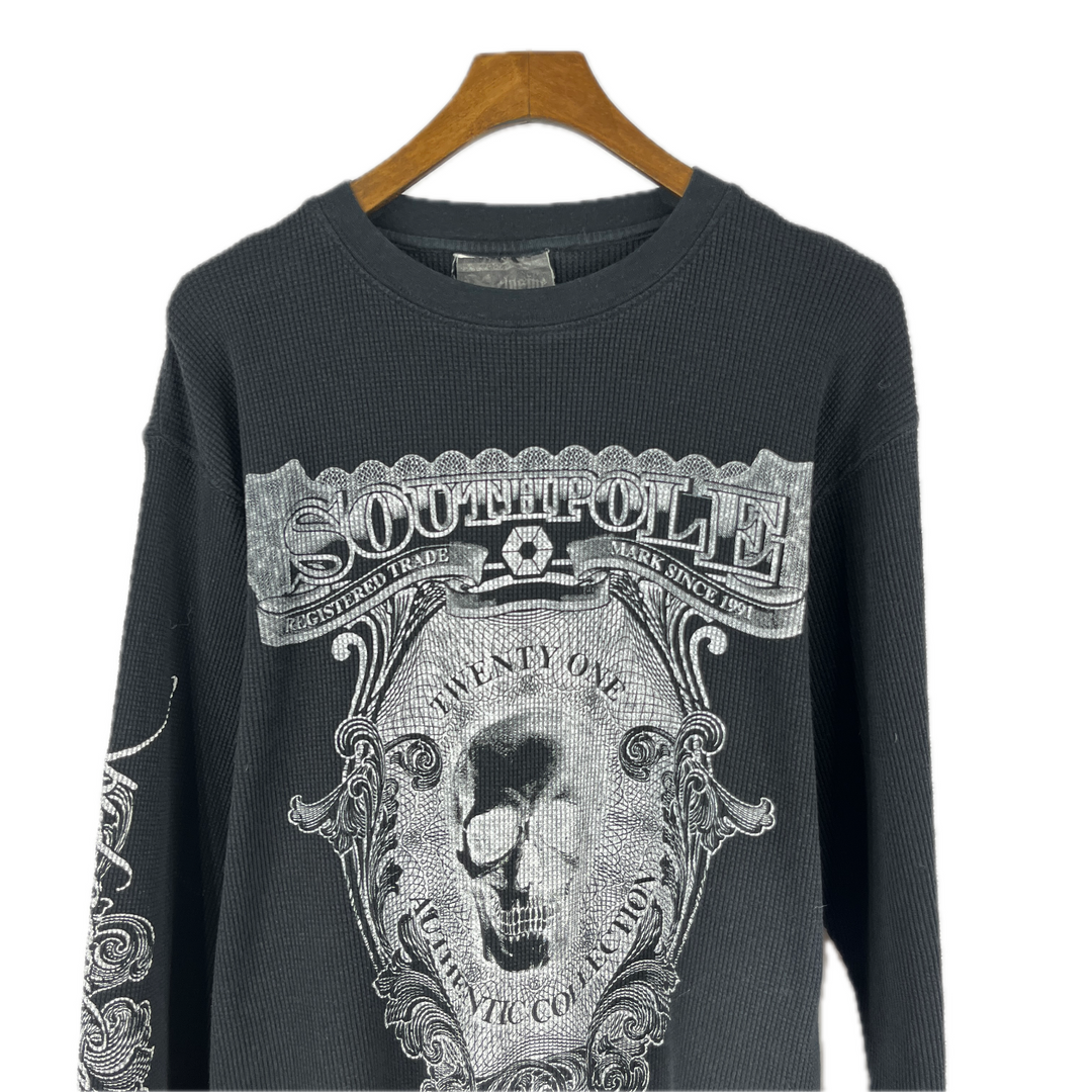 Y2k Southpole Men's Black Thermal Graphic Print T-shirt Grunge Skull Black Sz L