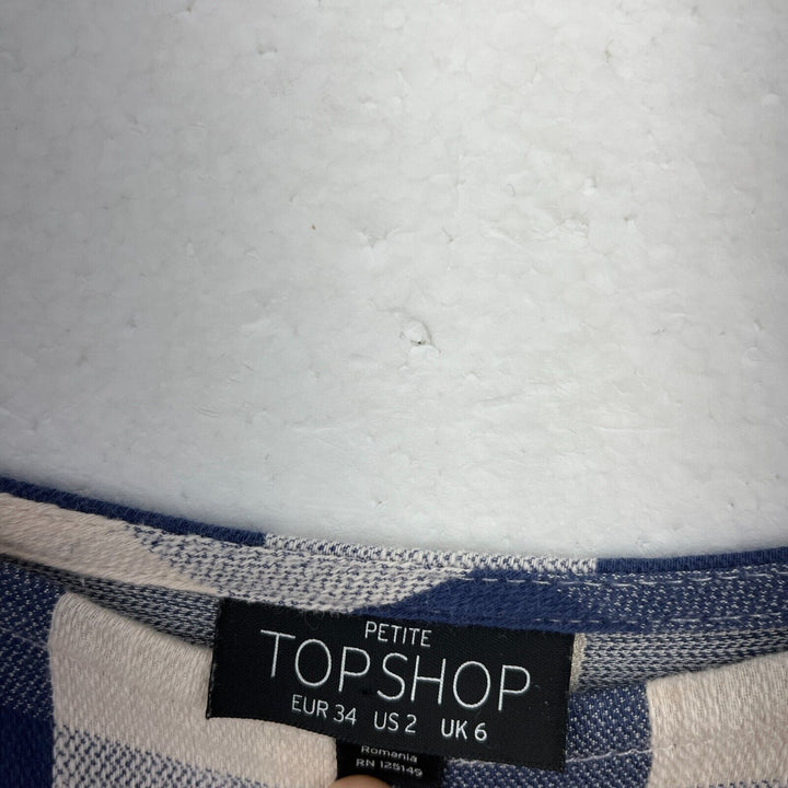 TOPSHOP Checkered Off Shoulder Tiered Cotton Blue Dress Size 2