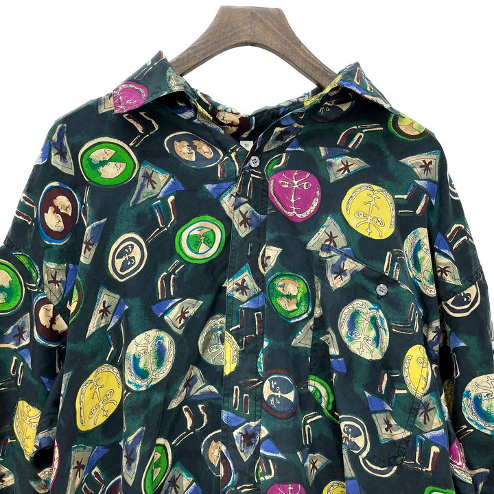 Vintage Button Up Abstract Art All Over Print Green Silk Shirt Size M