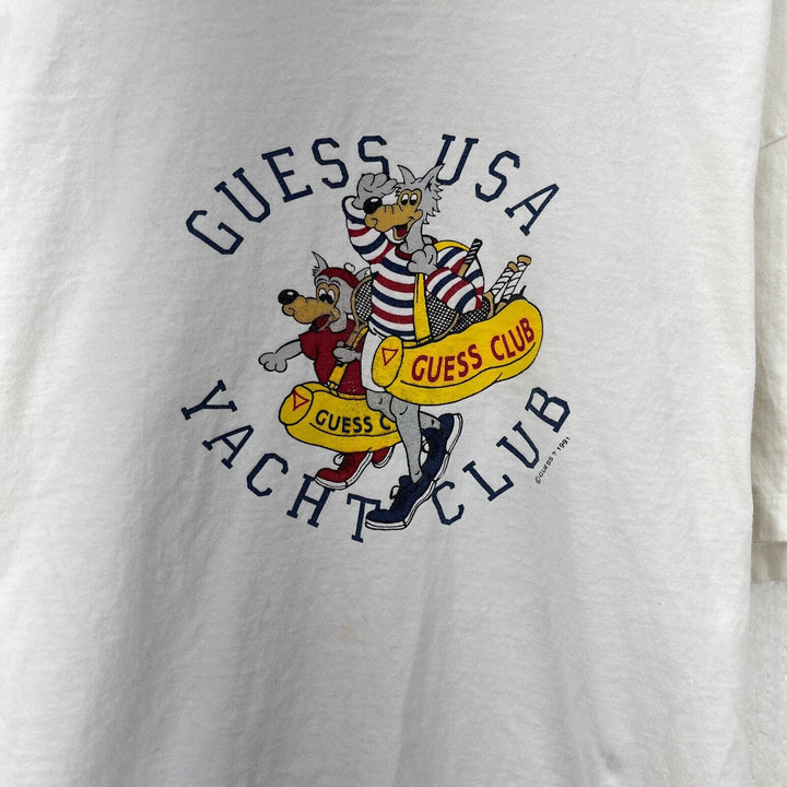 Vintage George Marciano Guess USA Yacht Club White T-shirt Size L Cartoon Print