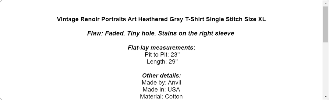 Vintage Renoir Portraits Art Heathered Gray T-Shirt Single Stitch Size XL