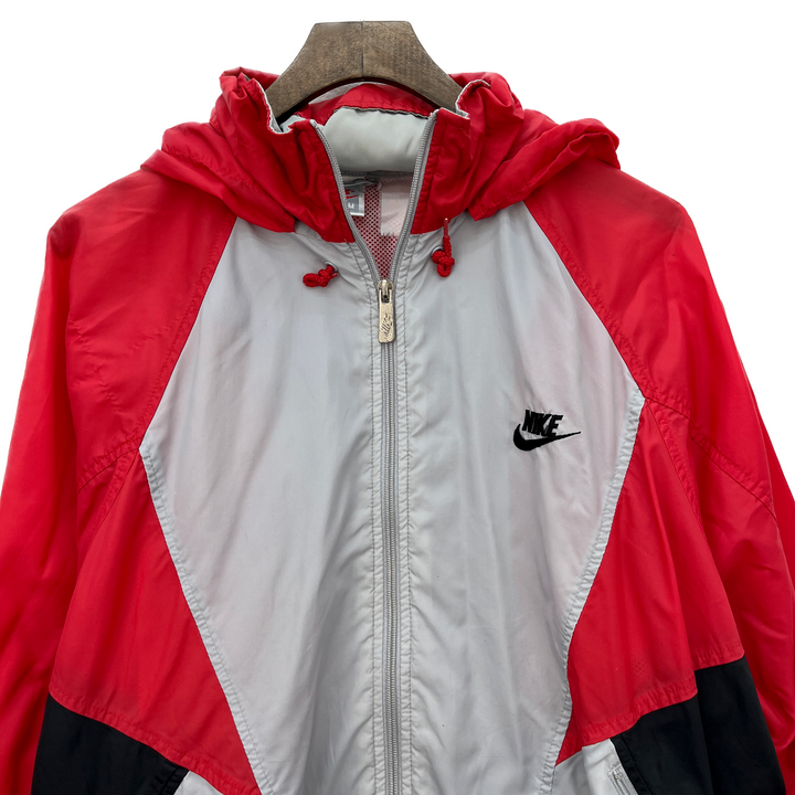 Vintage Nike Swoosh Logo Full Zip Gray Red Hooded Light Jacket Size M