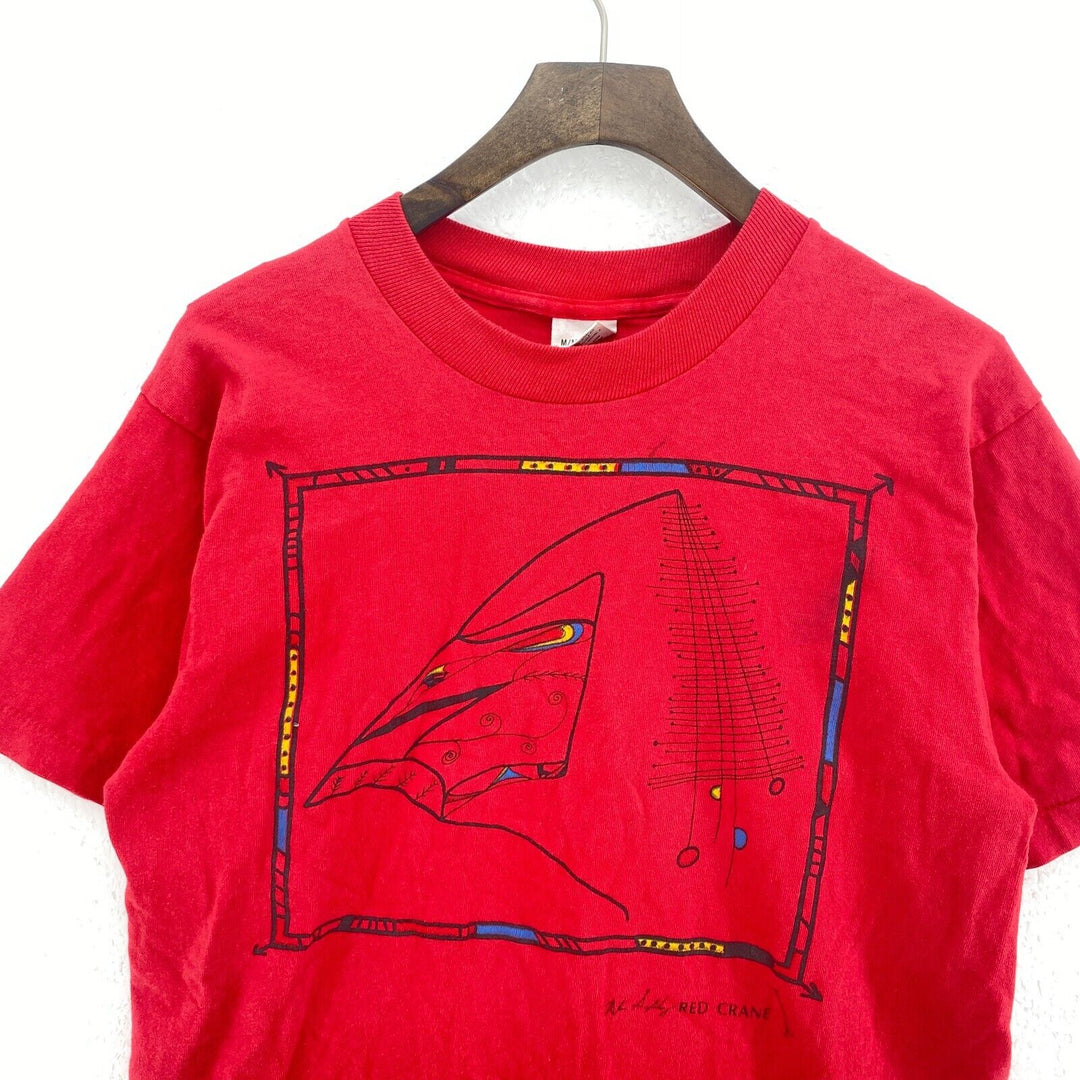 Vintage Red Crane Art Print Red T-Shirt Size M Single Stitch