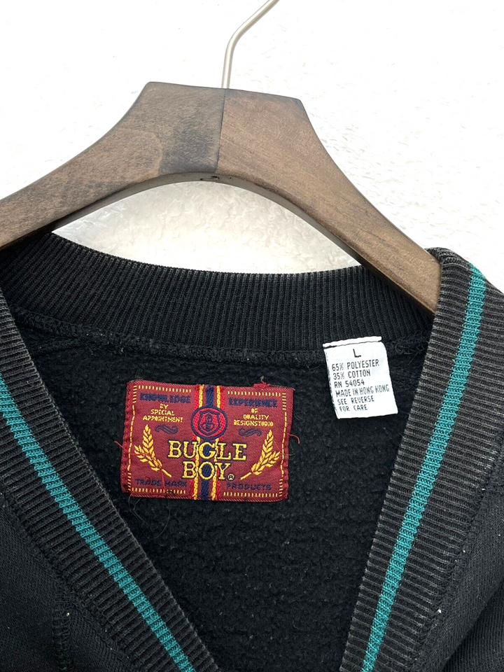 Bugle Boy Extra Standard Embroidered Sweatshirt Size L Black Crew Neck 90s