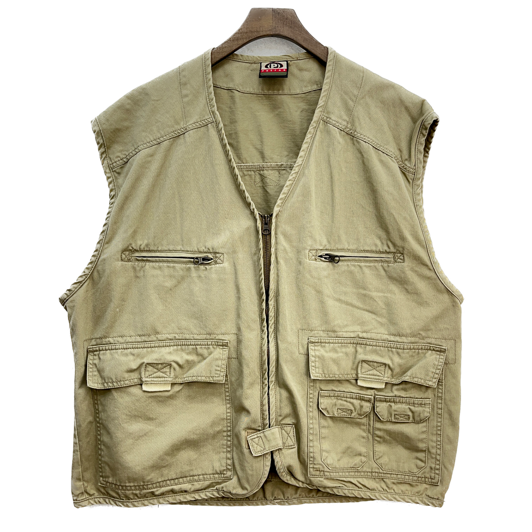 Vintage Prefab Full Zip Fishing Outdoor Hunting Beige Vest Jacket Size L