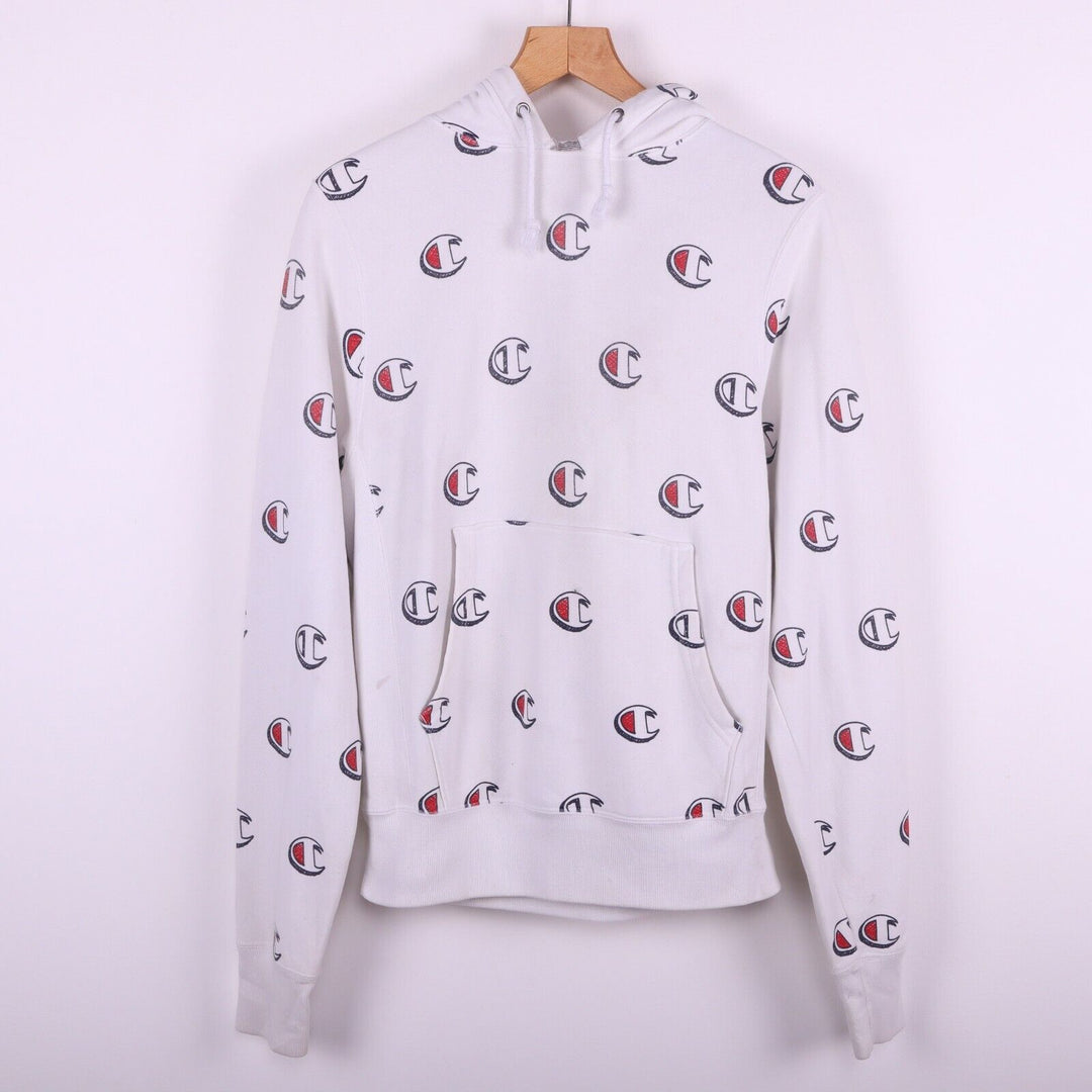 Champion Vintage Logo All Over Print White Hoodie Size S 90s