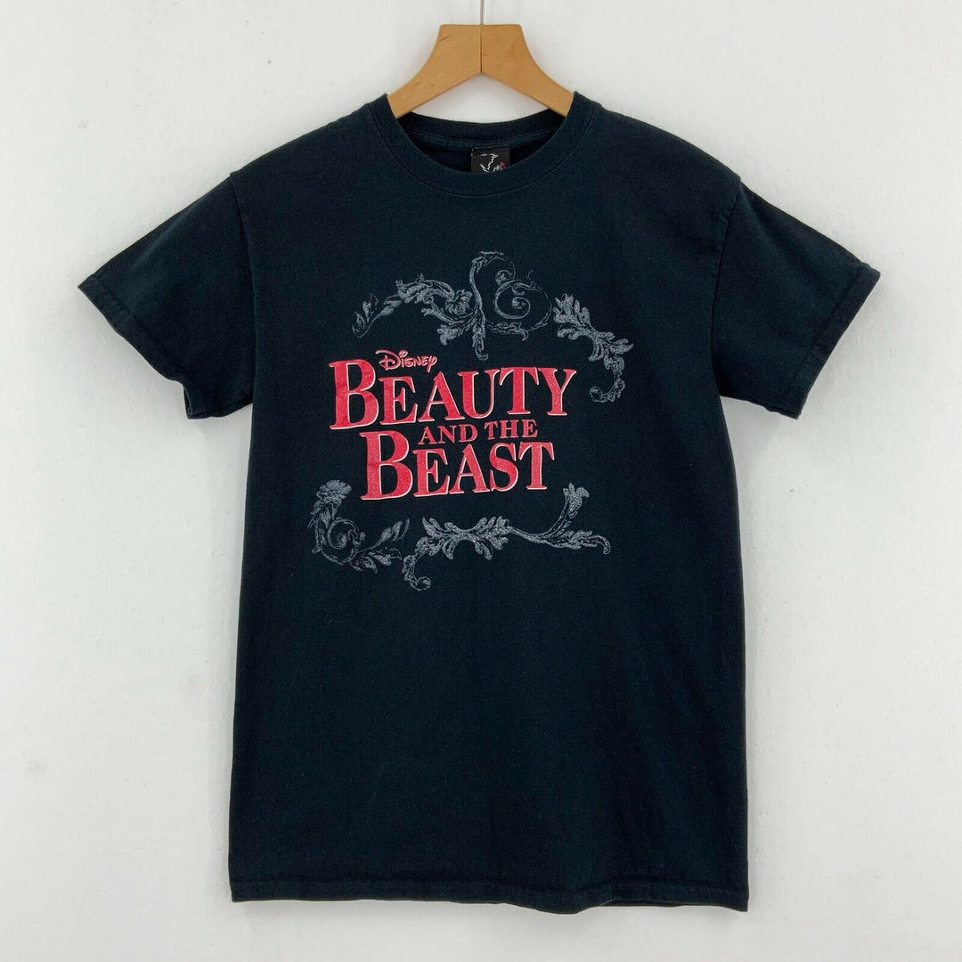 Disney Beauty and The Beast Floral Glitter Black Women's T-shirt Size S