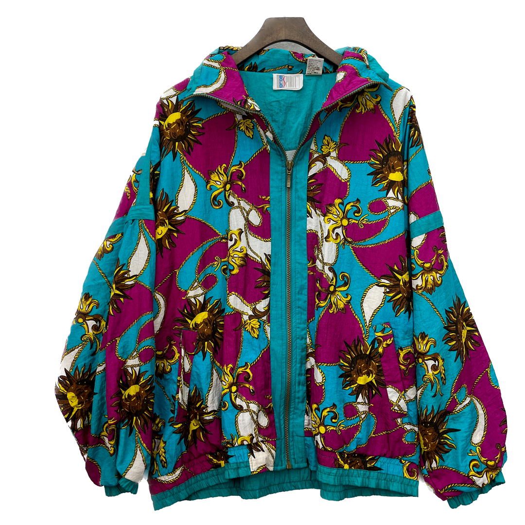 Vintage Bold Spirit Women's All Over Print Floral Windbreaker Jacket Size L Blue